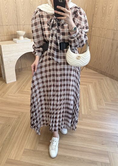 Miori Ekose Şifon Elbise Kahverengi