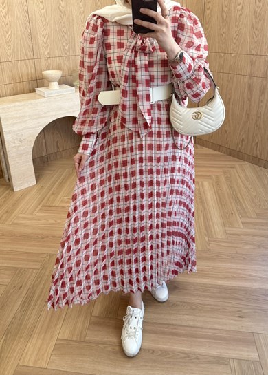 Miori Ekose Şifon Elbise Kırmızı