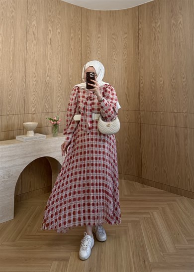 Miori Ekose Şifon Elbise Kırmızı