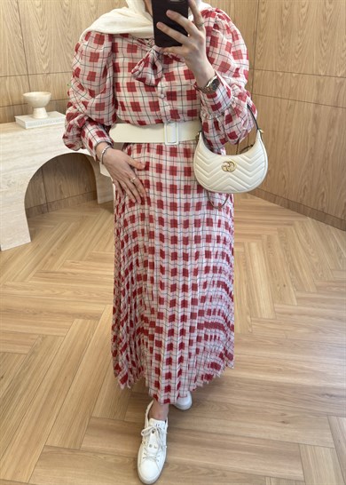 Miori Ekose Şifon Elbise Kırmızı