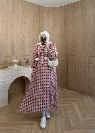 Miori Ekose Şifon Elbise Kırmızı