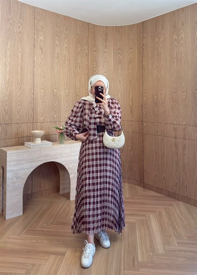 Miori Ekose Şifon Elbise Mürdüm 