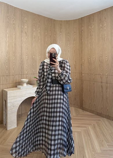 Miori Ekose Şifon Elbise Siyah