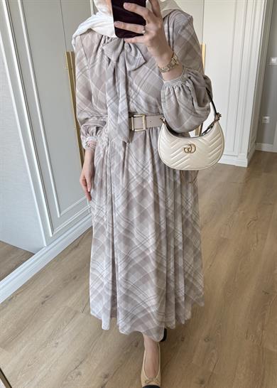 Mira Ekose Desenli Elbise Bej