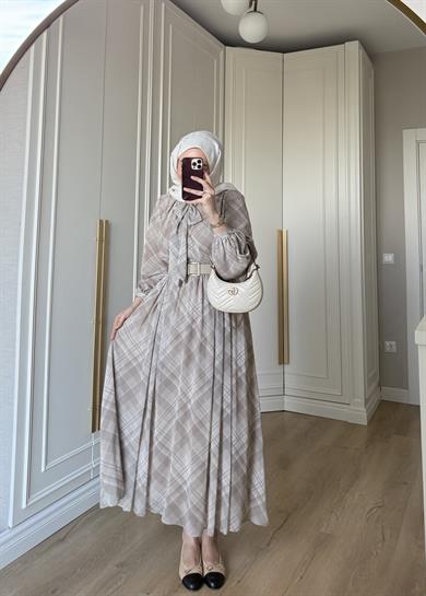 Mira Ekose Desenli Elbise Bej