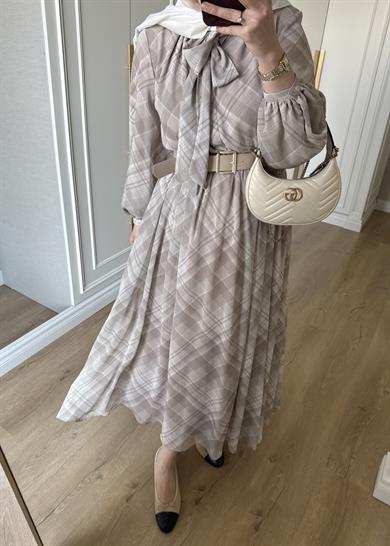 Mira Ekose Desenli Elbise Bej