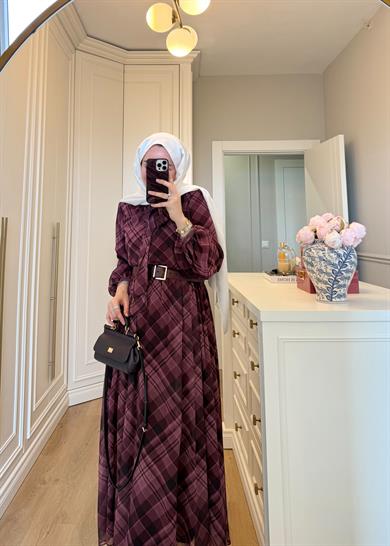 Mira Ekose Desenli Elbise Mürdüm