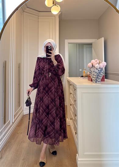 Mira Ekose Desenli Elbise Mürdüm