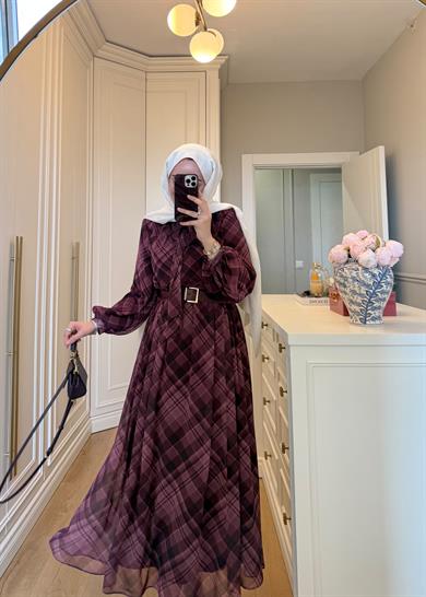 Mira Ekose Desenli Elbise Mürdüm