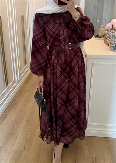 Mira Ekose Desenli Elbise Mürdüm