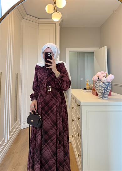 Mira Ekose Desenli Elbise Mürdüm