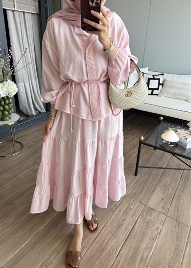 Mirelle Güpür Detaylı Takım Pembe