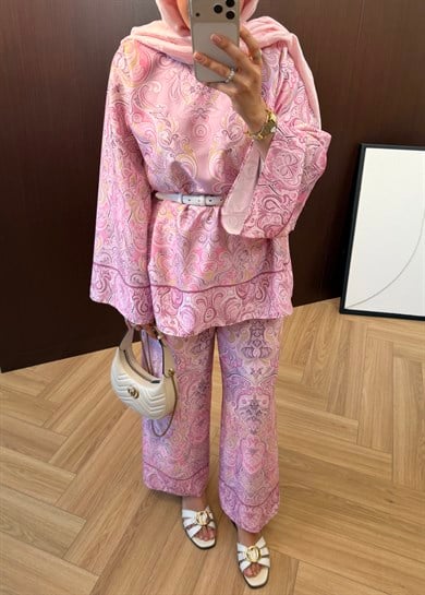 Şal Desen Pantolonlu Takım Pembe