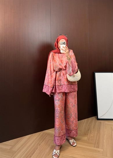 Şal Desen Pantolonlu Takım Orange