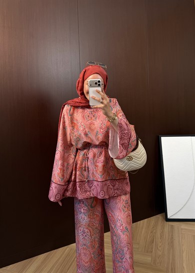 Şal Desen Pantolonlu Takım Orange