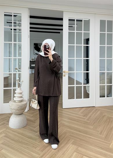 Monna Taşlı Oysh Takım Kahverengi