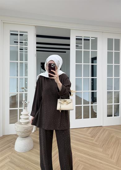 Monna Taşlı Oysh Takım Kahverengi