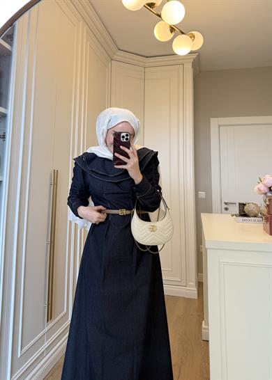 Mori Yakalı Denim Elbise Mavi