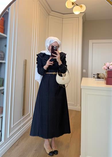 Mori Yakalı Denim Elbise Mavi