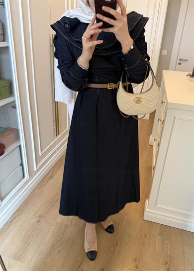 Mori Yakalı Denim Elbise Mavi