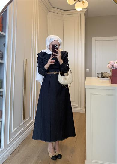 Mori Yakalı Denim Elbise Mavi