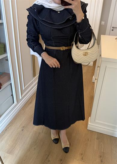 Mori Yakalı Denim Elbise Mavi