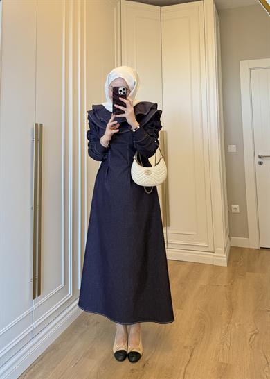 Mori Yakalı Denim Elbise Mürdüm