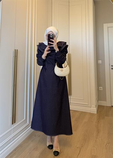 Mori Yakalı Denim Elbise Mürdüm