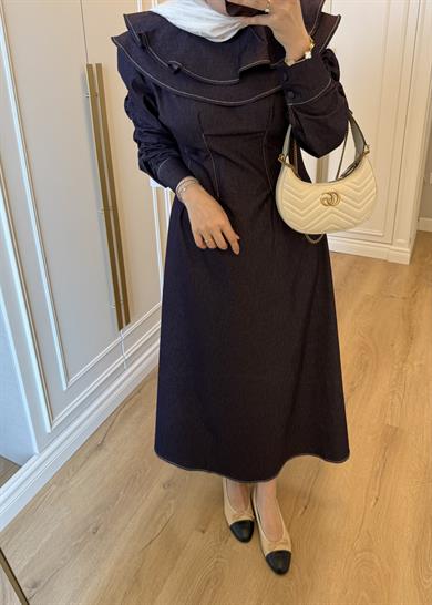 Mori Yakalı Denim Elbise Mürdüm