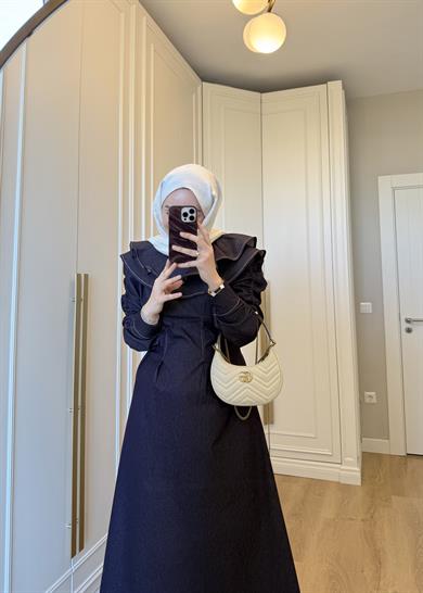 Mori Yakalı Denim Elbise Mürdüm