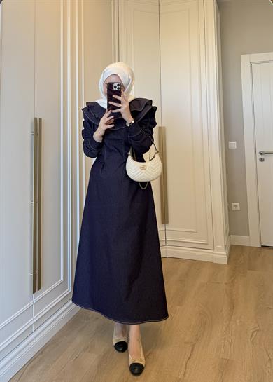 Mori Yakalı Denim Elbise Mürdüm