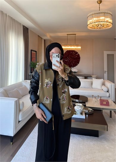 Nakışlı Deri Detaylı Ceket Haki