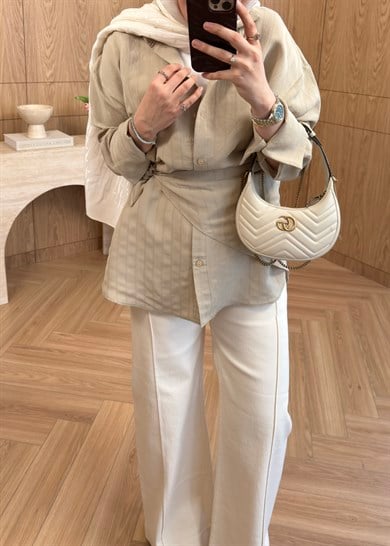 Nervürlü Kemerli Jean Pantolon Bej