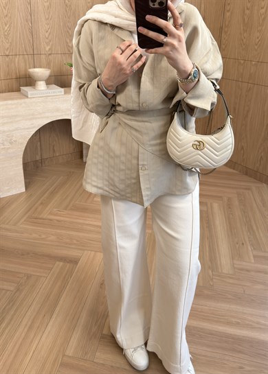 Nervürlü Kemerli Jean Pantolon Bej