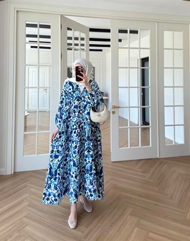 Nilya Şal Desen Mango Elbise Mavi