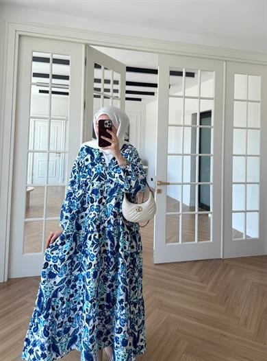 Nilya Şal Desen Mango Elbise Mavi