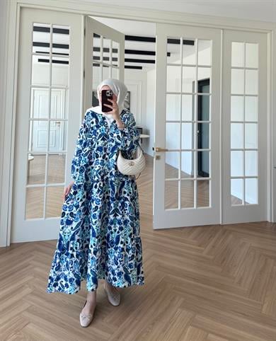 Nilya Şal Desen Mango Elbise Mavi