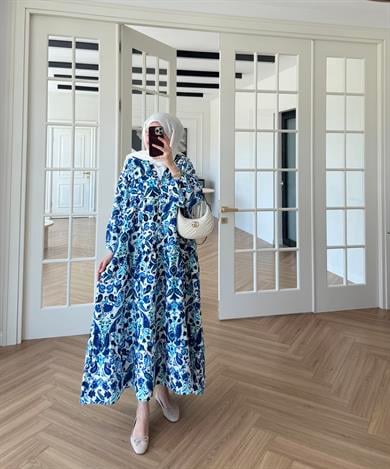 Nilya Şal Desen Mango Elbise Mavi