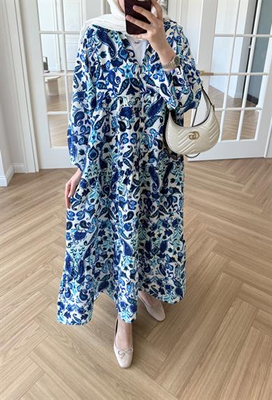 Nilya Şal Desen Mango Elbise Mavi