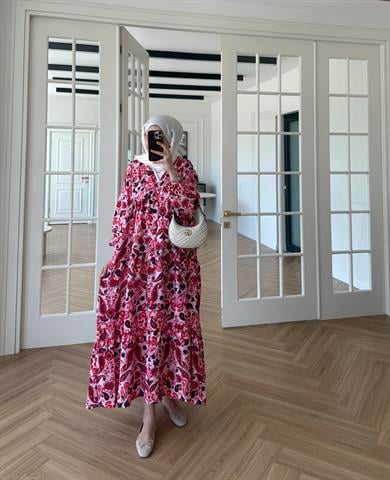 Nilya Şal Desen Mango Elbise Pembe