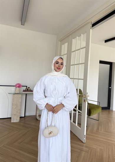 Nua Nervürlü Vual Elbise Ekru