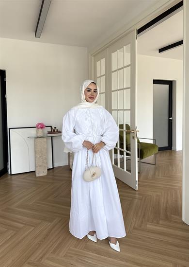 Nua Nervürlü Vual Elbise Ekru