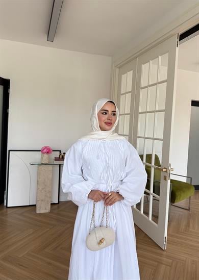 Nua Nervürlü Vual Elbise Ekru