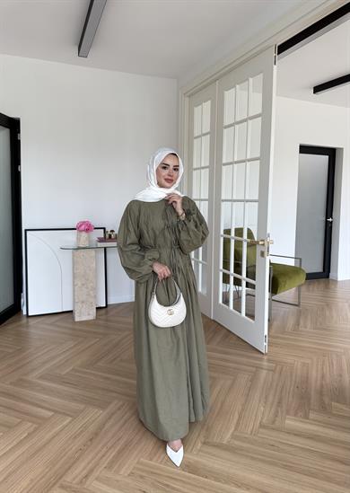 Nua Nervürlü Vual Elbise Haki