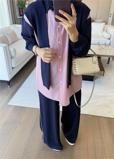 Omuzdan Bağlamalı Garnili Takım Pembe-Lacivert