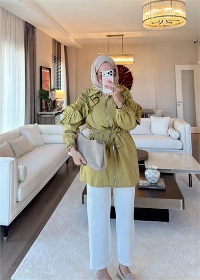 Omuzdan Fırfır Detaylı Trenç Olive