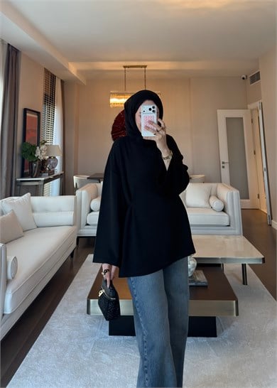 Önü Bağlama Detaylı Sweat Siyah