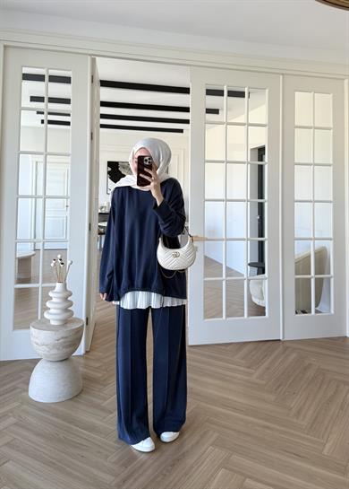 Önü Büzgülü Pike Takım Lacivert