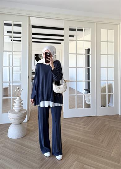 Önü Büzgülü Pike Takım Lacivert