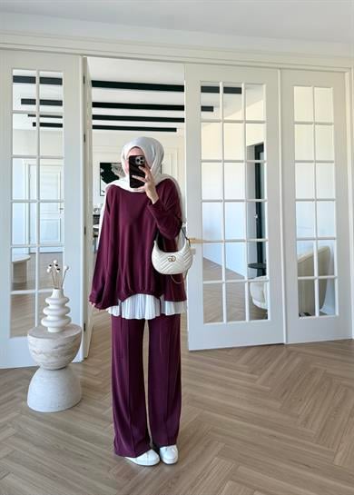 Önü Büzgülü Pike Takım Mürdüm